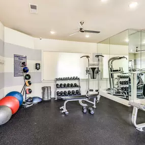 Fitness center with free weights at Camden Governors Village