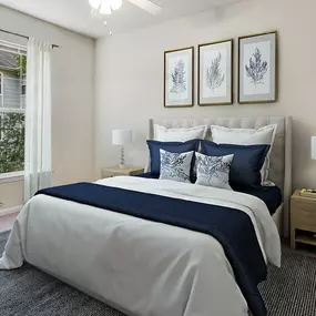 Bedroom with carpet and ceiling fan at Camden Governors Village Apartments in Chapel Hill, NC