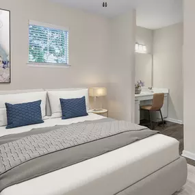 Bedroom with seated vanity area at Camden Governors Village Apartments in Chapel Hill, NC