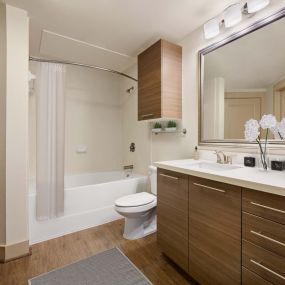 Bathroom with large tub and linen closet