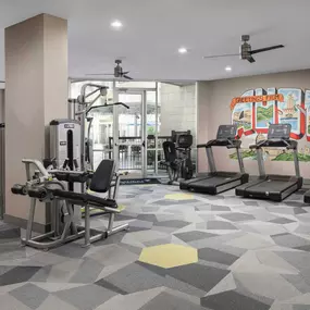 24-hour fitness center with Austin mural at Camden Lamar Heights apartments in Austin, TX