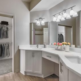 Modern style bathroom with double vanity sinks and walk in closet