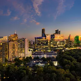 Aerial view of community showing skyline views of downtown atlanta at night