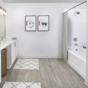 Bathroom with double vanity, bathtub, and standing shower