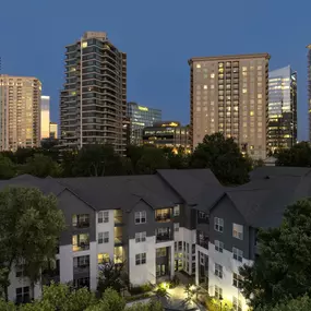 Building exterior at twilight at Camden Phipps in Atlanta GA