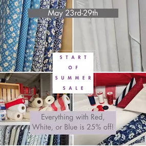 Our Start of Summer sale starts tomorrow! Save 25% on anything with red, white OR blue on it (in stock items only). This includes floor model sewing machines! If you can find red, white or blue on it, you get it on sale.