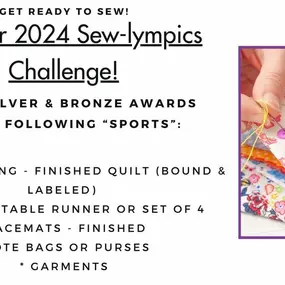 Don't forget there's only a few days left to get your entries in to win our Sew-lympics!!. We are encouraging you to finish your UFOS. The rules are the project must have been unfinished before 8/3 and finished by 8/31. You can either bring your completed items to the shop to show them off, or you can send photos to info@middleburysewnvac.com. Make sure to include the front and back or your items, a description and of course your name and contact information in the email.