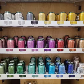 New arrival!! We just got in King Star Metallic thread. When we had Karen Charles here for an event in July, she showed us this amazing metallic thread. It took us a little bit to get it in the shop, but it's here!! 24 stunning colors.