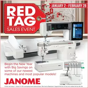 The Janome Red Tag sales event continues through February. We have great prices on your favorite Janome models including the HD9 and the Continental M8! Call to set up a time to try them out! 802-388-3559