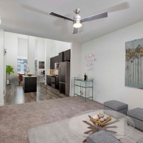 Camden Main and Jamboree Apartments Irvine CA loft style Open concept living and dining room with modern finishes, paint, ceiling fan, wood-like flooring in kitchens and baths