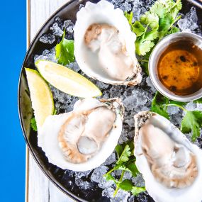 Fresh oysters available on our daily happy hour and all night Monday happy hour
