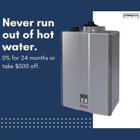 Never run out of hot water with a tankless water heart! CrewPros is offering an amazing deal for a limited time for a tankless water heater. You will not regret upgrading your home with this luxurious feature! Contact us today to schedule a consultation!