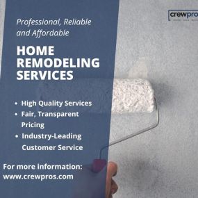 Upgrade your home with CrewPros Home Remodeling! From painting your home, kitchen or bathroom remodeling, or garage conversions. CrewPros offers top-notch transformations of your living space. Our skilled team handles everything in your remodel from plumbing and electrical to flooring. Let us help you create a home you’ll love!
