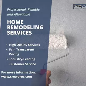 Upgrade your home with CrewPros Home Remodeling! From painting your home, kitchen or bathroom remodeling, or garage conversions. CrewPros offers top-notch transformations of your living space. Our skilled team handles everything in your remodel from plumbing and electrical to flooring. Let us help you create a home you’ll love!