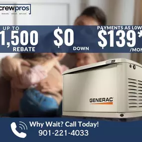 Be the house on the block with the light still on when the power goes out! Protect your home and your family with a Generac generator! CrewPros is a Generac Elite Dealer. We have factory-trained technicians and an authorized service center to ensure you are never left in the dark!