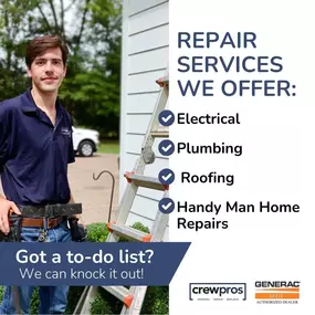 Do you have a To-Do list? Call the pros at CrewPros for service that you can trust. Our team members come highly skilled in their areas of expertise and have years of experience. We can do it all, from plumbing to electrical. Call today for a free quote, and let us turn your To-Do list into DONE!