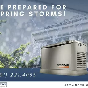 Spring is upon us, which means the storm season is in full swing. Let CrewPros ensure your home is prepared for a power outage with a whole-house generator. CrewPros Home Services is a Generac Elite Dealer. We have factory trained technicians to install or service your Generac Whole House Generator. Keep your lights on and your utilities running no matter the weather with CrewPros.