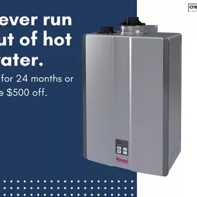 Never run out of hot water with a tankless water heart! CrewPros is offering an amazing deal for a limited time for a tankless water heater. You will not regret upgrading your home with this luxurious feature! Contact us today to schedule a consultation!