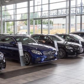 Cars inside the Mercedes-Benz Huddersfield showroom