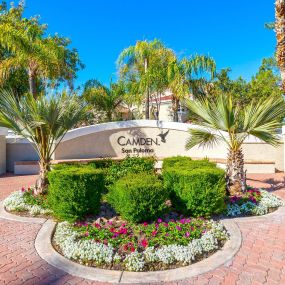 Beautiful landscaping and signage at community