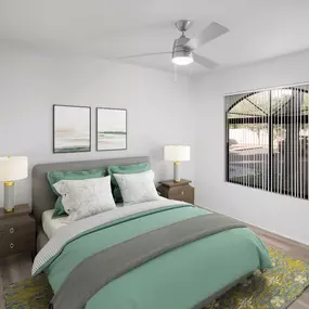 Bedroom with ceiling fan and wood-style floors