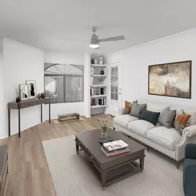 Living room with ceiling fan, built-in shelves and and patio