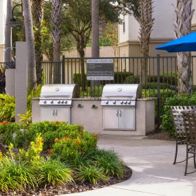 BBQ grills by the pool at Camden Lago Vista apartments in Orlando, FL