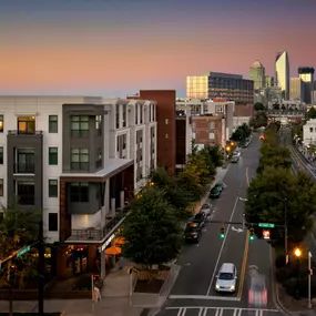 Views of Uptown Charlotte from Camden Gallery at dusk