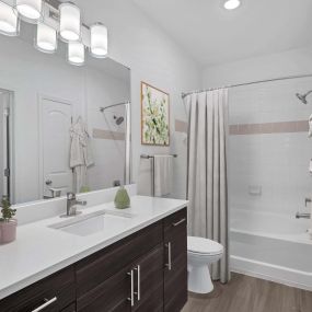 Bathroom with quartz countertop at Camden College Park apartments in College Park, MD