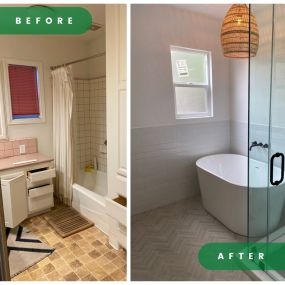 Transform your bathroom from outdated to outstanding. This before-and-after photo showcases our expertise in converting an old bath/shower into a sleek, modern sanctuary