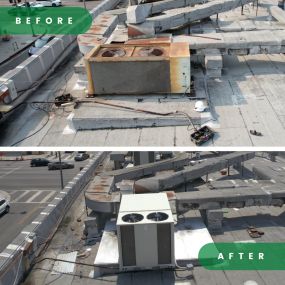 Zoom in on the transformation! This close-up before-and-after shot showcases the meticulous detail involved in replacing an old commercial HVAC system with a new, energy-efficient model.