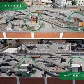 Revitalize your commercial space with our HVAC solutions. This before-and-after photo illustrates how we replaced two outdated HVAC systems with state-of-the-art units for optimal efficiency and comfort