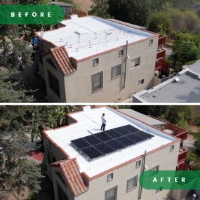 Before and after transformation of a residential roof where Home Upgrade Specialist installed high-efficiency solar panels. One of our Solar Experts is proudly standing on the completed project, showcasing our commitment to quality and sustainability.