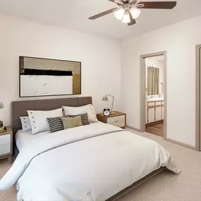 Bedroom with carpet and ceiling fan