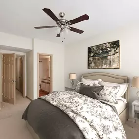 Bedroom with builtin shelves