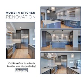 Transform your kitchen with a modern renovation! Our CrewPros Home Services & Remodeling designers make achieving a sleek, stylish look easy. Let us bring the kitchen you have been searching for to life!