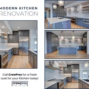 Transform your kitchen with a modern renovation! Our CrewPros Home Services & Remodeling designers make achieving a sleek, stylish look easy. Let us bring the kitchen you have been searching for to life!