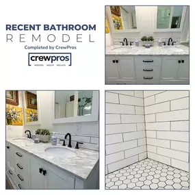 Check out this recent bathroom remodel from CrewPros Nashville Home Services & Remodeling! We think it turned out beautifully, with a fresh and modern look. White materials are a classic choice for bathroom remodels because of their versatility, timelessness, and ability to create a sense of cleanliness and serenity. At CrewPros Nashville, we work with our clients to give them the look they are wishing for,coupled with our expertise in designing. we take into consideration the aesthetic you wish