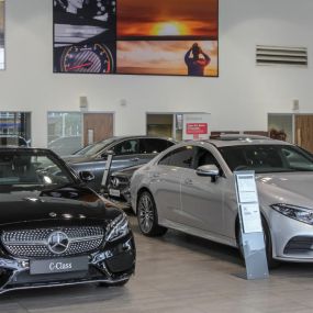 Cars inside the Mercedes-Benz Leeds showroom
