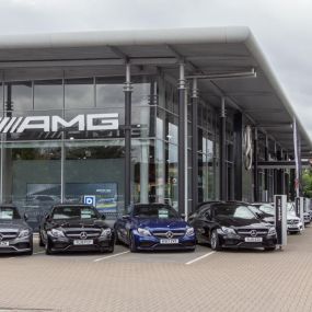 Outside the front of the Mercedes-Benz Leeds dealership