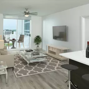 Living room and balcony with city or pool view