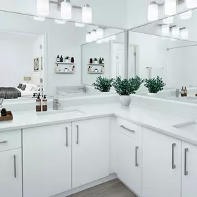 Renovated modern bathroom with dual vanity at Camden St. Clair in Atlanta GA