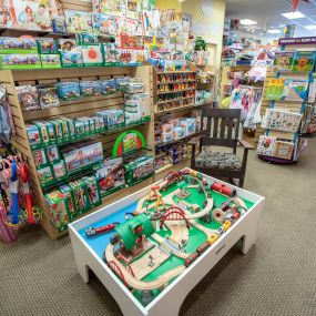 Boing! Toy Shop has a comfortable area for your kids to play with the Brio Train Table.