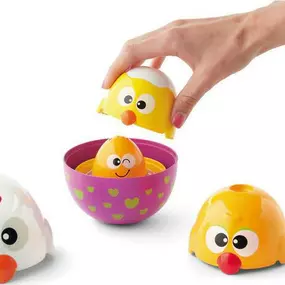 Four colorful egg cups are perfect for stacking and nesting. Teaches baby motor skills as they learn to match tops and bottoms. Stacking up and knocking down teaches cause and effect.