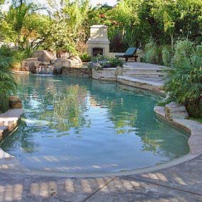 Freeform pool with tropical look and landscaping