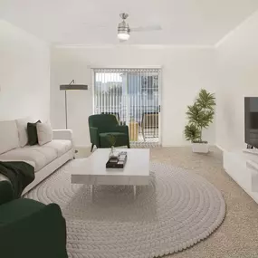 Spacious living room with attached balcony at Camden Spring Creek Apartments in Spring, Texas.