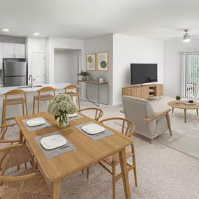 Open- concept living space with dining room at Camden Spring Creek Apartments in Spring, Tx