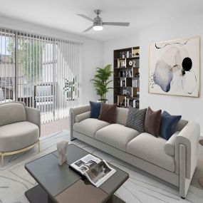 Living room with carpet and access to private balcony at Camden Montierra apartments in Scottsdale, AZ