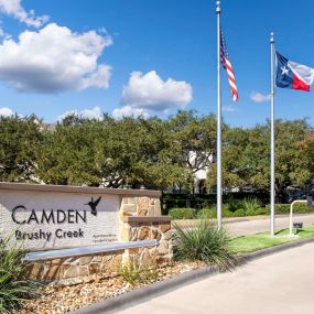 Entry sign and flags at Camden Brushy Creek