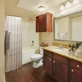 Bathroom with cabinet storage and bathtub at Camden Brushy Creek apartments in Cedar Park, TX